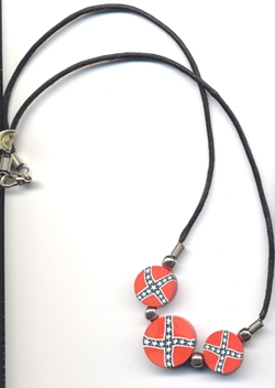 Necklace #63 3 Battle Flag Disc Beads on Black Cord 
